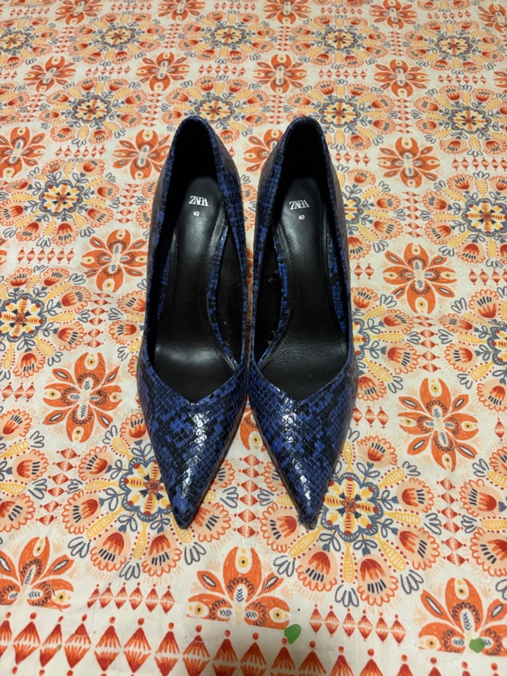 Zara Navy Blue Snake-Print Pointed-Toe Pumps